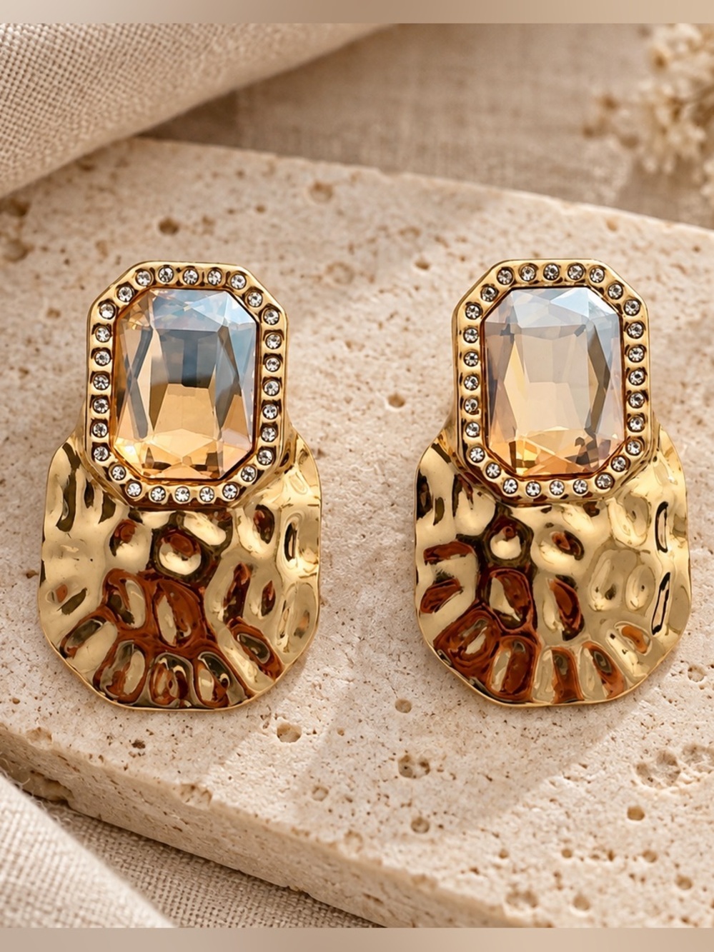 Gold Hammered Drop Earrings with Champagne Crystal